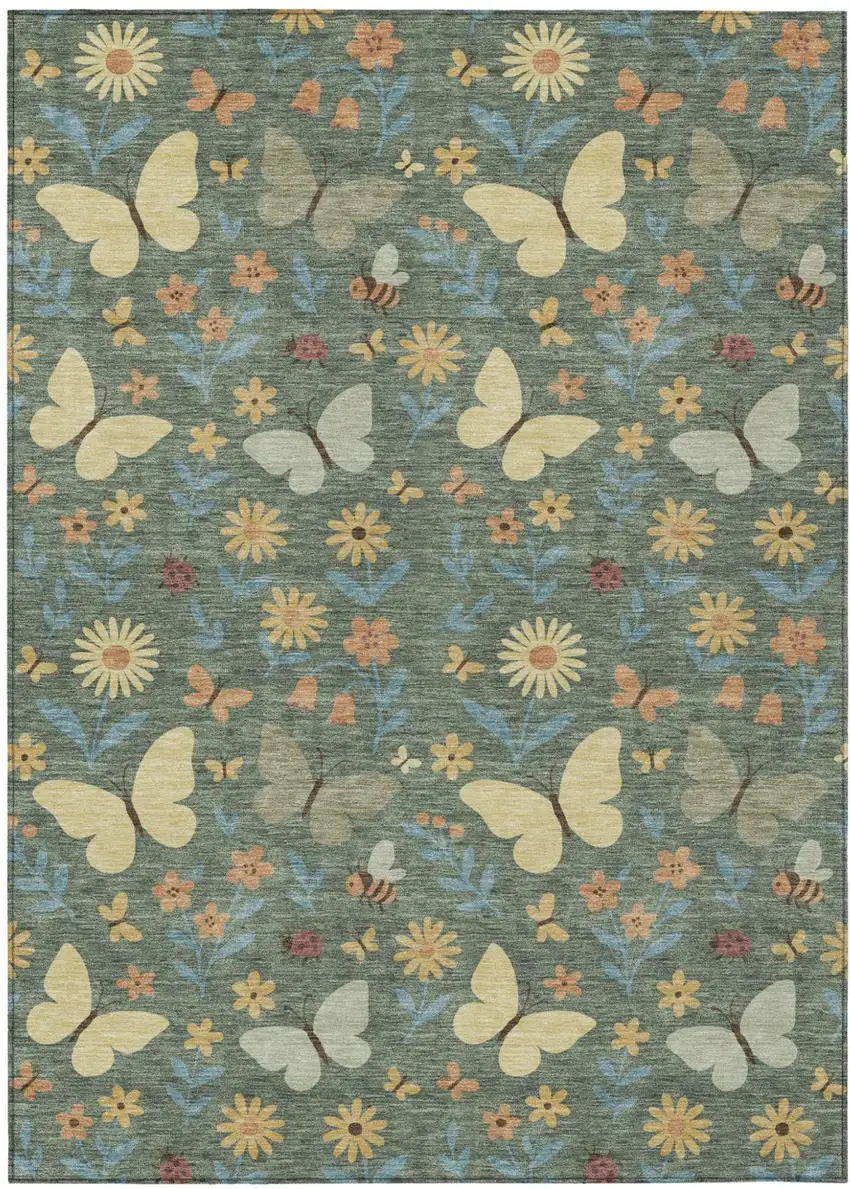 Green And Wheat Abstract Washable Indoor Outdoor Area Rug Photo 1