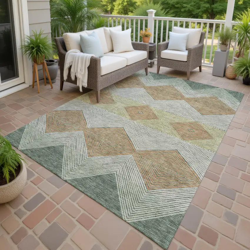 Green And Wheat Geometric Washable Indoor Outdoor Area Rug Photo 4