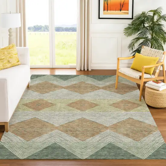Green And Wheat Geometric Washable Indoor Outdoor Area Rug Photo 6