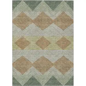 Photo of Green And Wheat Geometric Washable Indoor Outdoor Area Rug