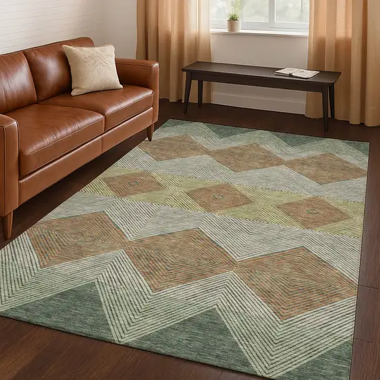 Green And Wheat Geometric Washable Indoor Outdoor Area Rug Photo 5