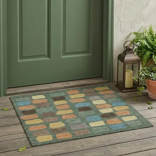 Green And Wheat Geometric Washable Indoor Outdoor Area Rug Photo 1