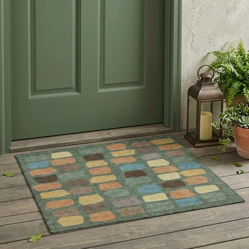 Green And Wheat Geometric Washable Indoor Outdoor Area Rug Photo 1