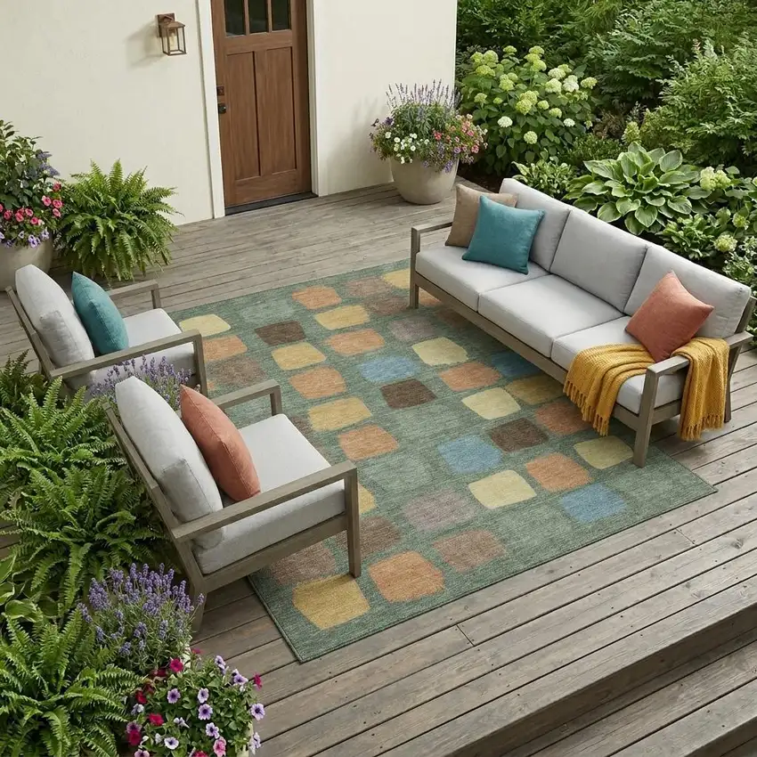 Green And Wheat Geometric Washable Indoor Outdoor Area Rug Photo 1