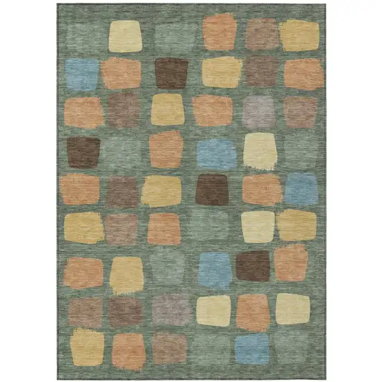 Green And Wheat Geometric Washable Indoor Outdoor Area Rug Photo 2