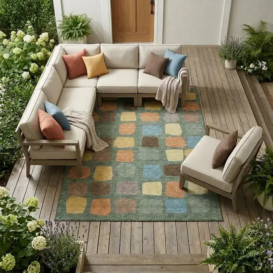 Green And Wheat Geometric Washable Indoor Outdoor Area Rug Photo 1
