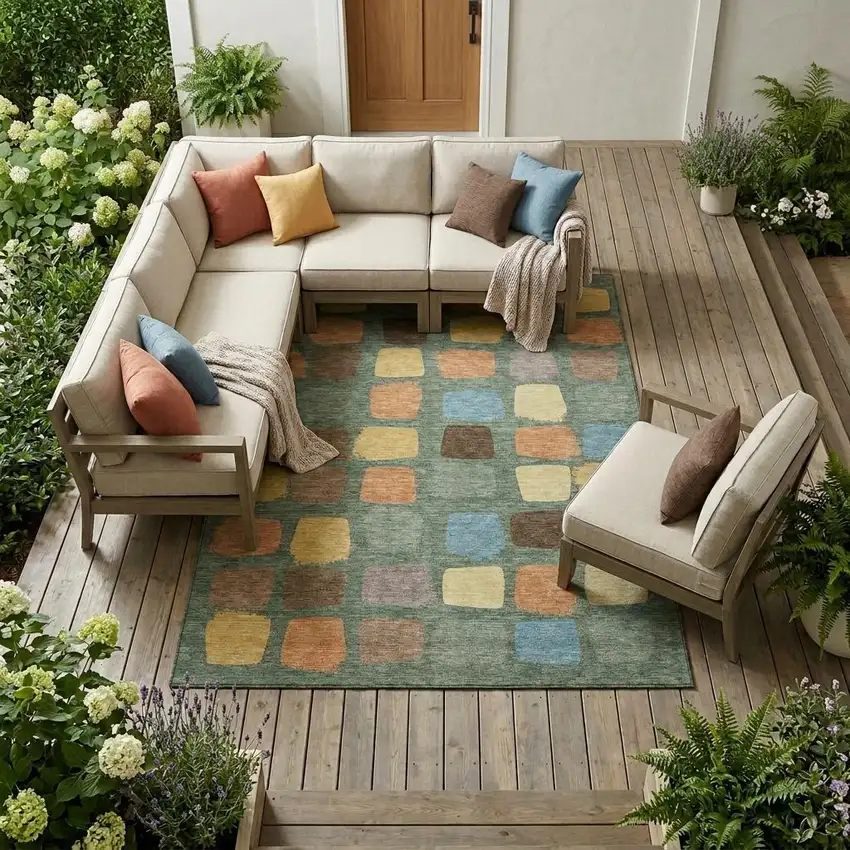 Green And Wheat Geometric Washable Indoor Outdoor Area Rug Photo 1