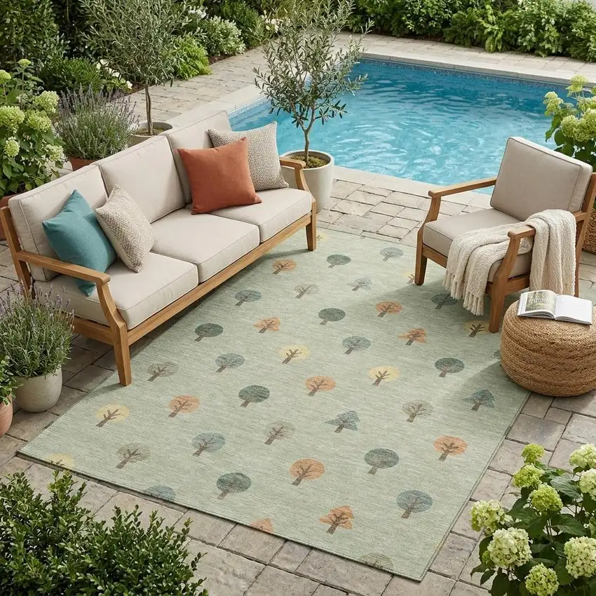 Green And Wheat Geometric Washable Indoor Outdoor Area Rug Photo 1