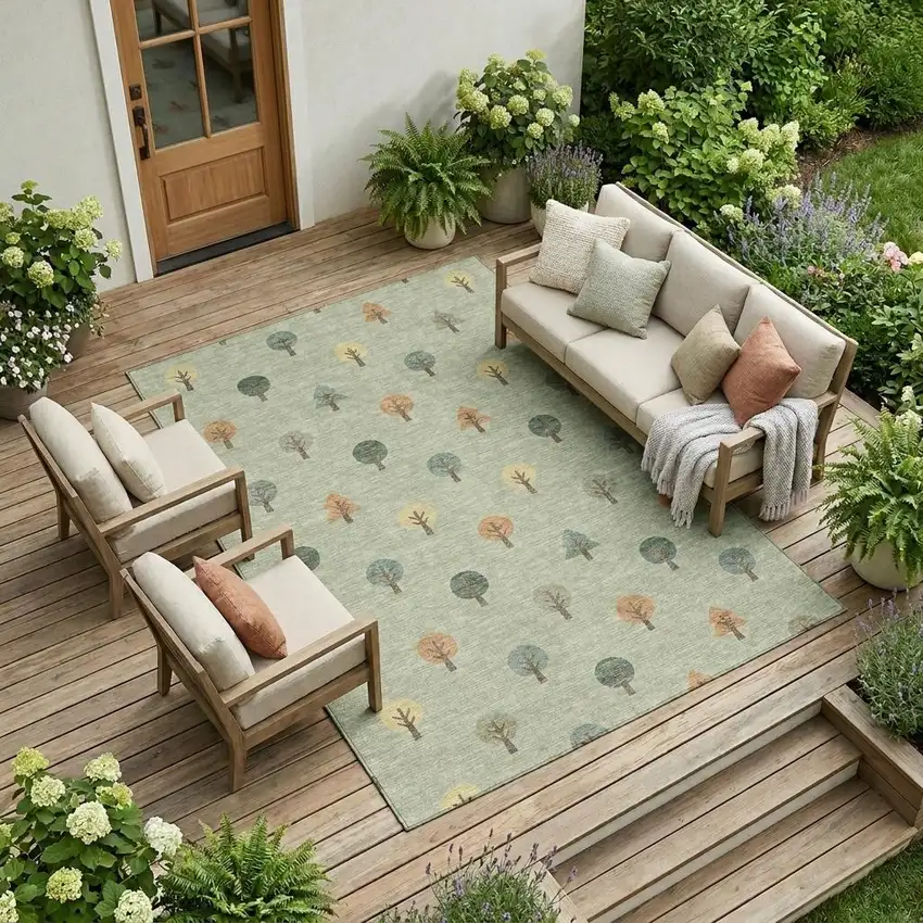Green And Wheat Geometric Washable Indoor Outdoor Area Rug Photo 1