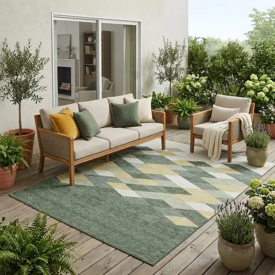 Green And Wheat Geometric Washable Indoor Outdoor Area Rug Photo 1