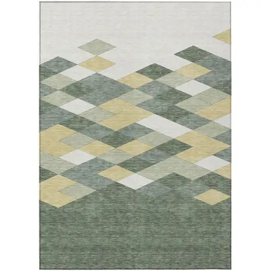 Green And Wheat Geometric Washable Indoor Outdoor Area Rug Photo 2