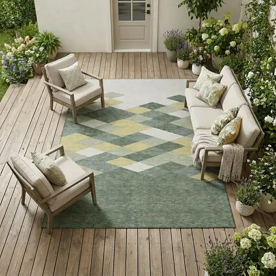 Green And Wheat Geometric Washable Indoor Outdoor Area Rug Photo 1