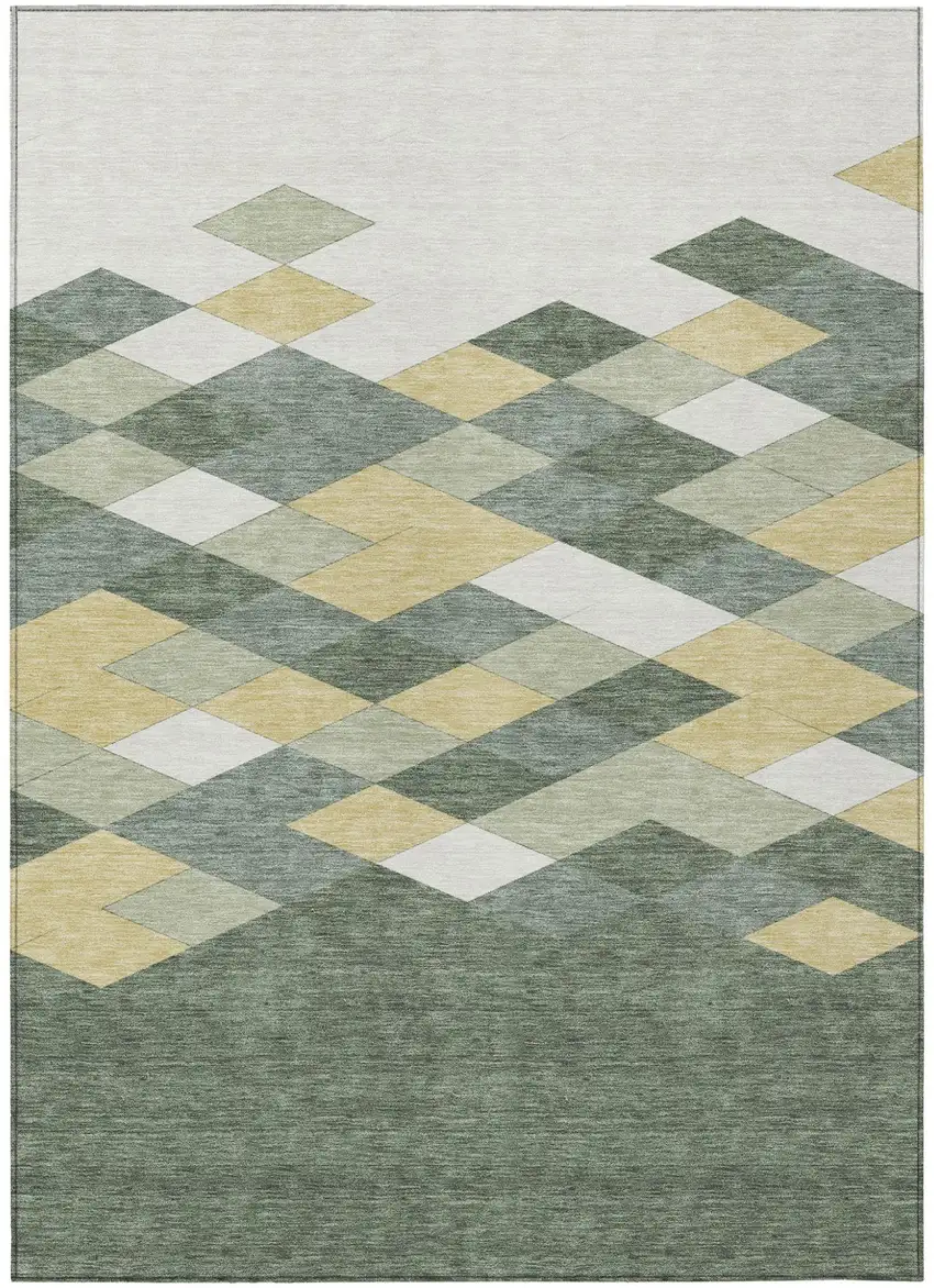 Green And Wheat Geometric Washable Indoor Outdoor Area Rug Photo 2