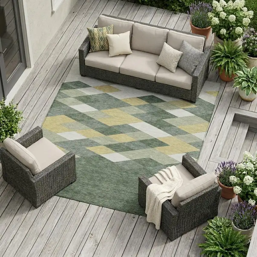 Green And Wheat Geometric Washable Indoor Outdoor Area Rug Photo 1