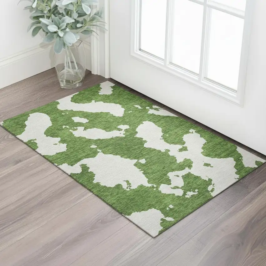 Green And White Abstract Washable Area Rug With UV Protection Photo 2