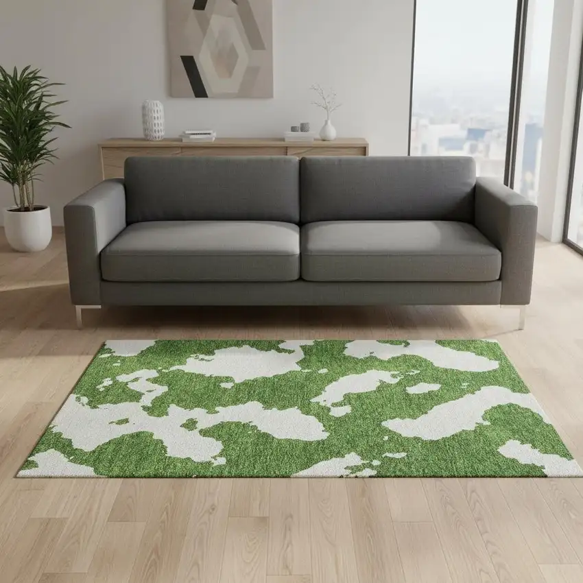 Green And White Abstract Washable Area Rug With UV Protection Photo 2