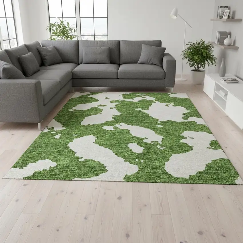 Green And White Abstract Washable Area Rug With UV Protection Photo 2