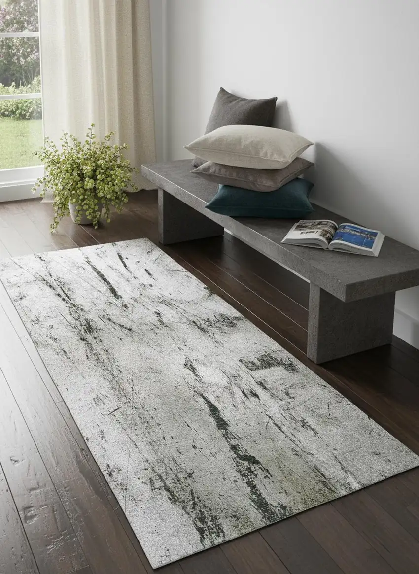 Green And White Abstract Washable Area Rug With UV Protection Photo 1