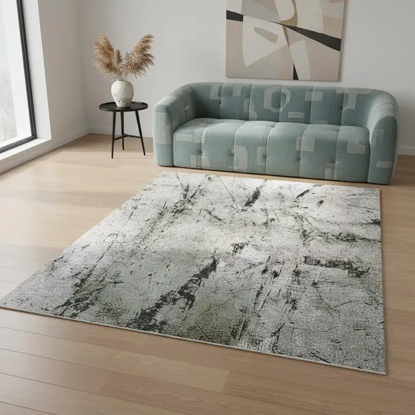 Green And White Abstract Washable Area Rug With UV Protection Photo 1