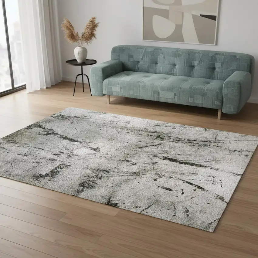 Green And White Abstract Washable Area Rug With UV Protection Photo 1