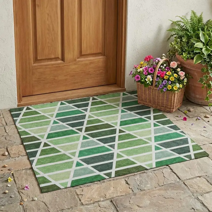 Green And White Geometric Washable Indoor Outdoor Area Rug Photo 1