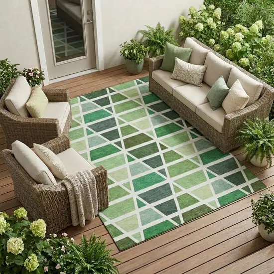 Green And White Geometric Washable Indoor Outdoor Area Rug Photo 1
