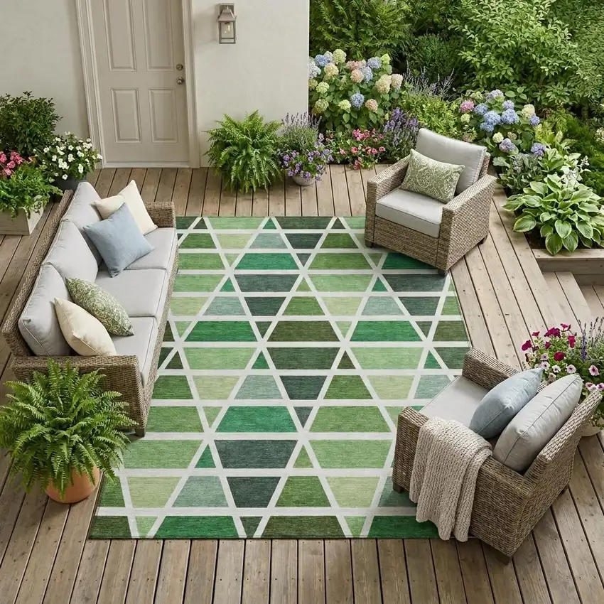Green And White Geometric Washable Indoor Outdoor Area Rug Photo 1