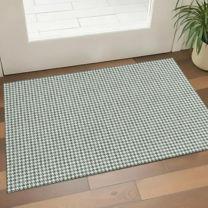 Green And White Houndstooth Washable Area Rug With UV Protection Photo 1