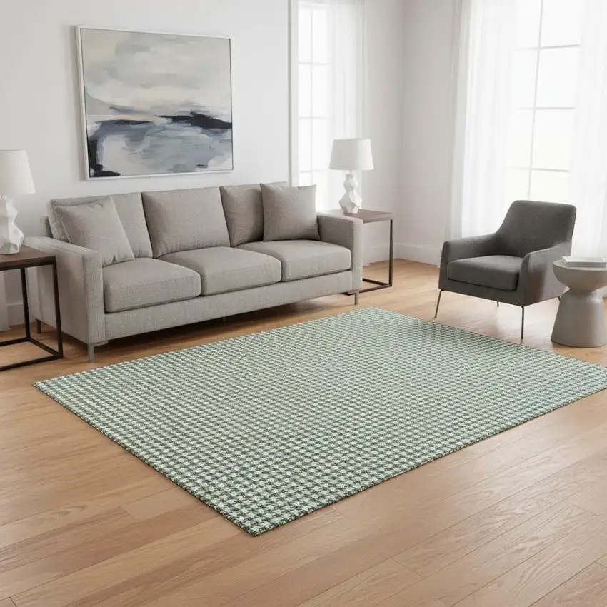Green And White Houndstooth Washable Area Rug With UV Protection Photo 1