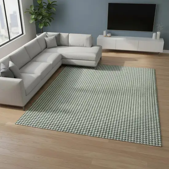 Green And White Houndstooth Washable Area Rug With UV Protection Photo 1