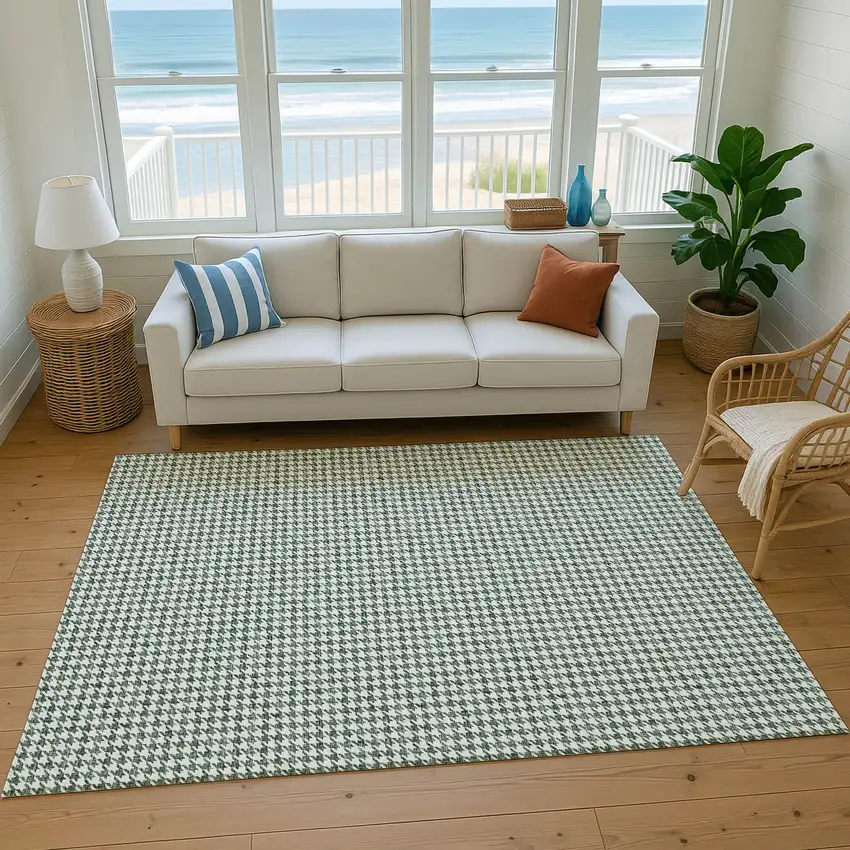 Green And White Houndstooth Washable Area Rug With UV Protection Photo 6