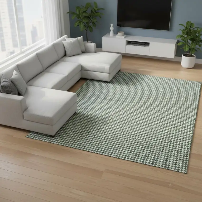 Green And White Houndstooth Washable Area Rug With UV Protection Photo 1