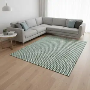 Photo of Green And White Houndstooth Washable Area Rug With UV Protection