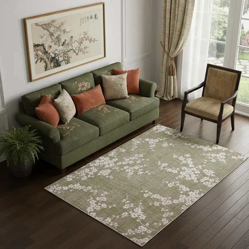 Green And White Oriental Washable Area Rug Photo 1