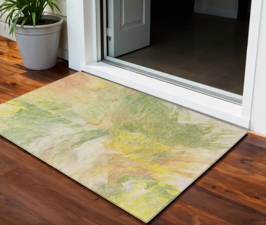 Green And Yellow Abstract Washable Indoor Outdoor Area Rug Photo 1