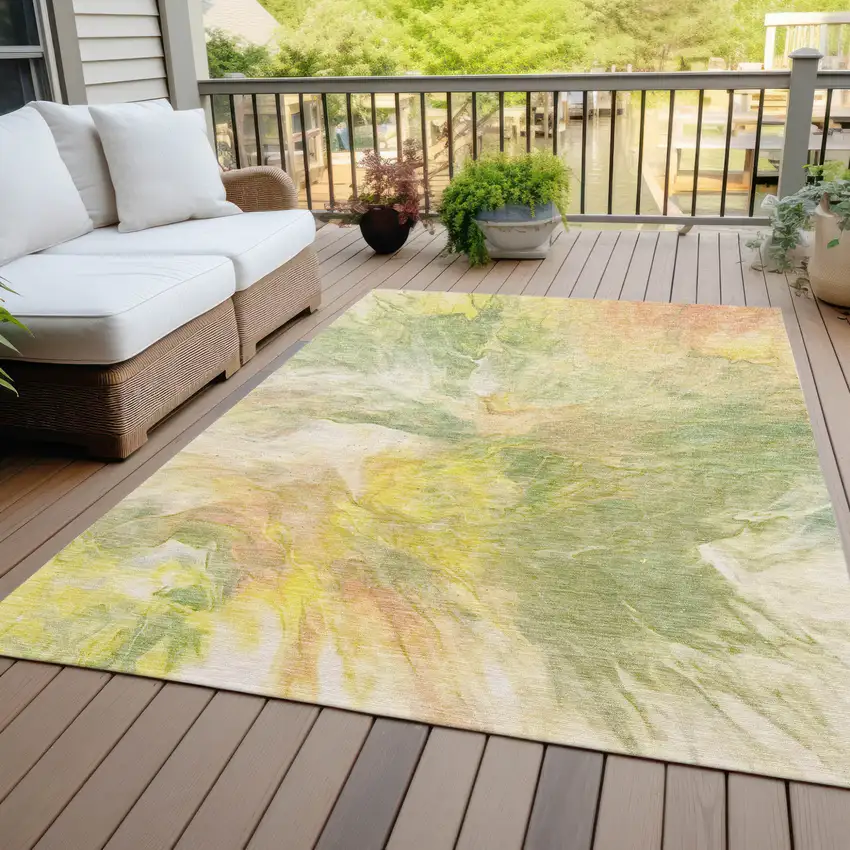 Green And Yellow Abstract Washable Indoor Outdoor Area Rug Photo 9
