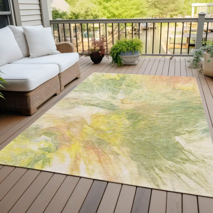 Green And Yellow Abstract Washable Indoor Outdoor Area Rug Photo 7