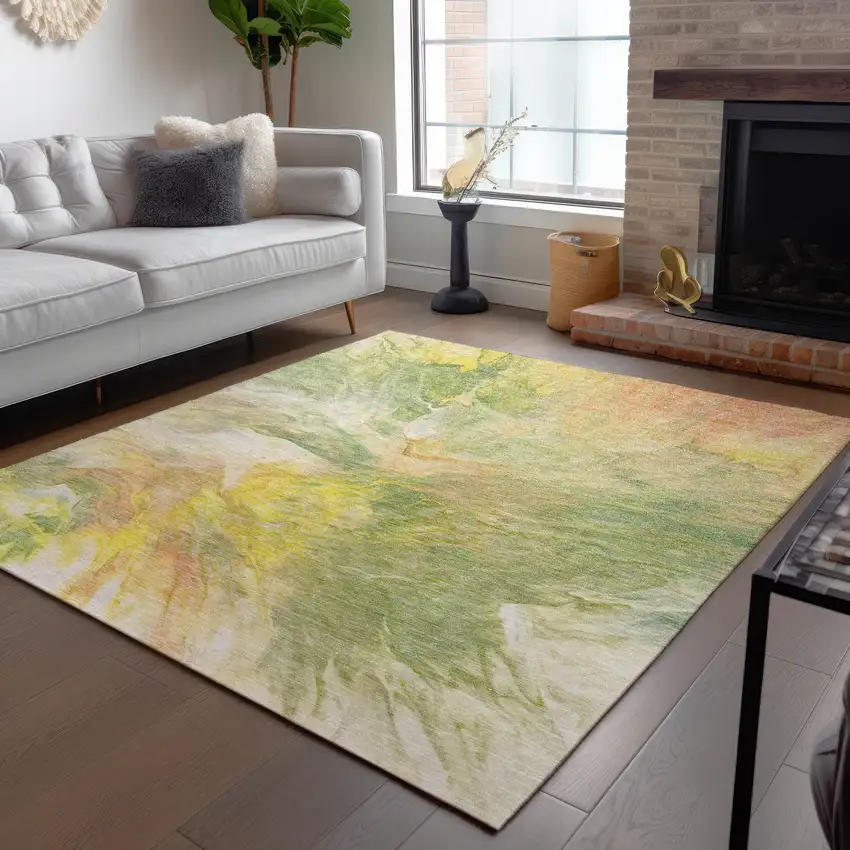 Green And Yellow Abstract Washable Indoor Outdoor Area Rug Photo 9