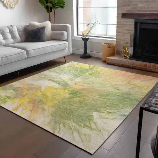 Green And Yellow Abstract Washable Indoor Outdoor Area Rug Photo 8