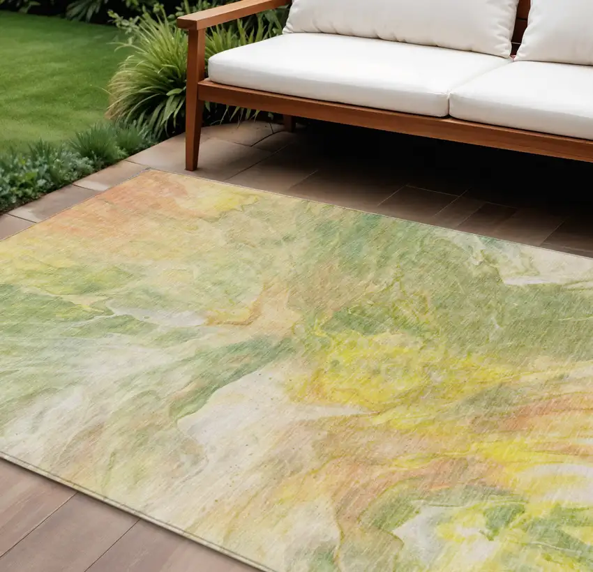 Green And Yellow Abstract Washable Indoor Outdoor Area Rug Photo 1