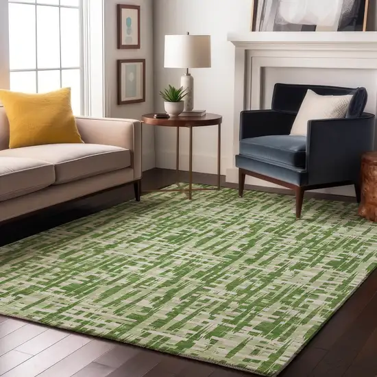Green Artichoke Green And Ivory Abstract Geometric Washable Area Rug With UV Protection Photo 4