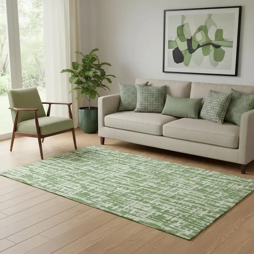 Green Artichoke Green And Ivory Abstract Geometric Washable Area Rug With UV Protection Photo 2