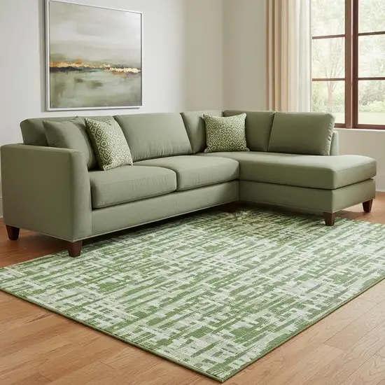 Green Artichoke Green And Ivory Abstract Geometric Washable Area Rug With UV Protection Photo 2
