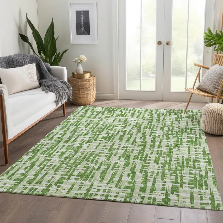 Green Artichoke Green And Ivory Abstract Geometric Washable Area Rug With UV Protection Photo 5