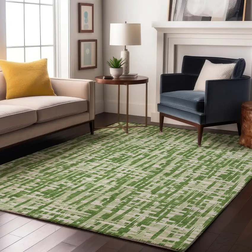 Green Artichoke Green And Ivory Abstract Geometric Washable Area Rug With UV Protection Photo 4