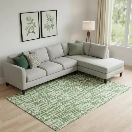 Green Artichoke Green And Ivory Abstract Geometric Washable Area Rug With UV Protection Photo 2