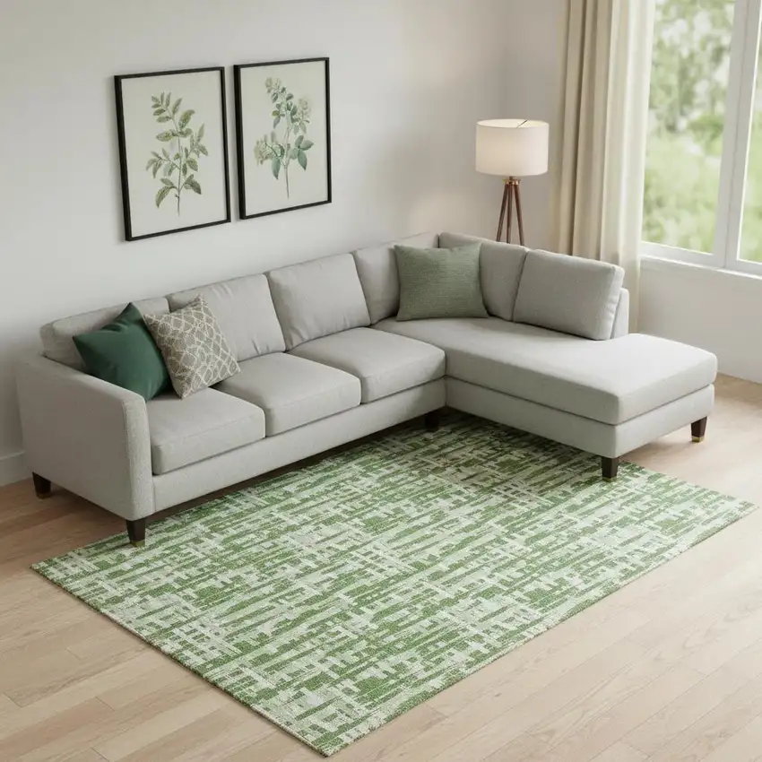 Green Artichoke Green And Ivory Abstract Geometric Washable Area Rug With UV Protection Photo 2