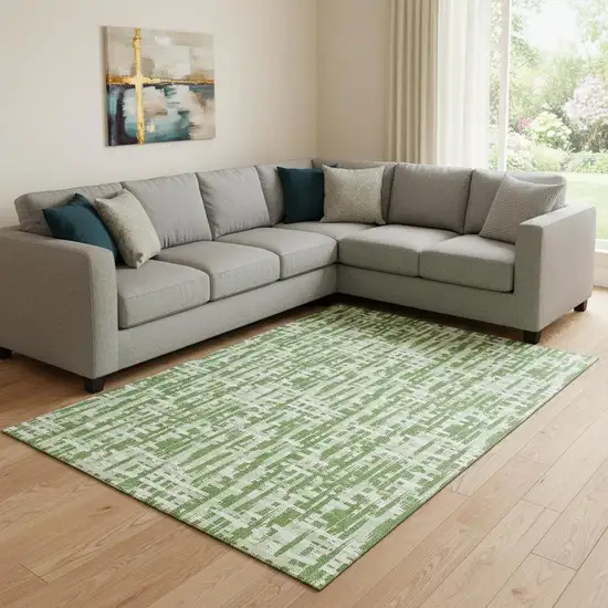Green Artichoke Green And Ivory Abstract Geometric Washable Area Rug With UV Protection Photo 2