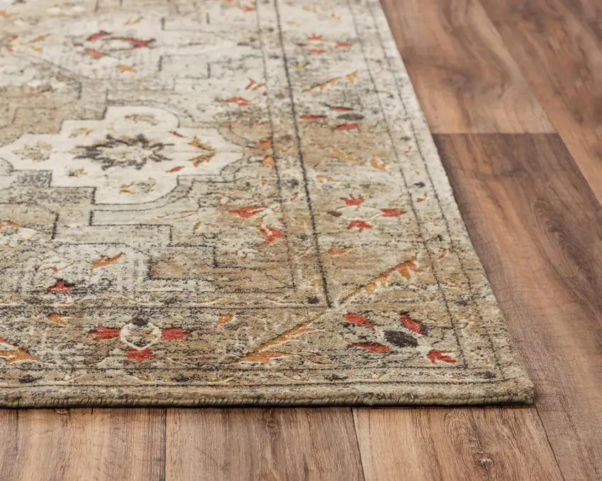 Green Beige And Apricot New Zealand Lambs Wool Oriental Hand Carved Handmade Area Rug Photo 3