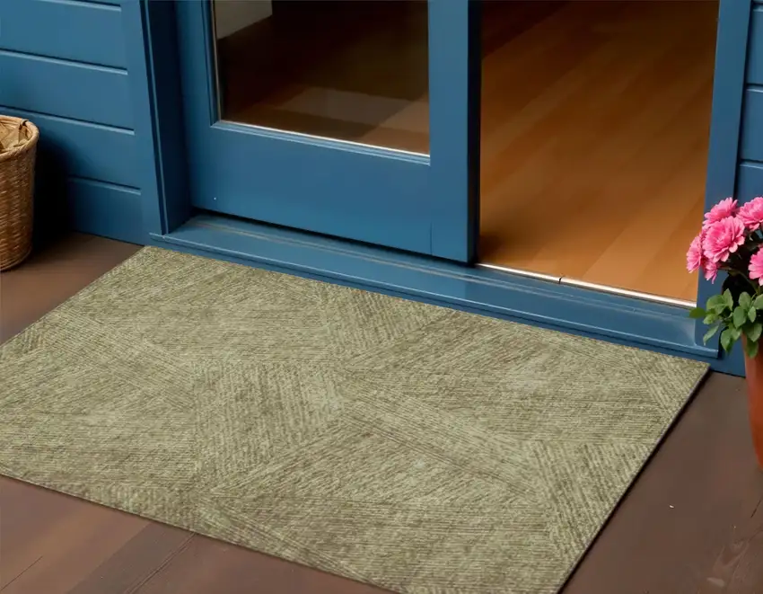 Green Beige And Brown Abstract Washable Indoor Outdoor Area Rug Photo 1